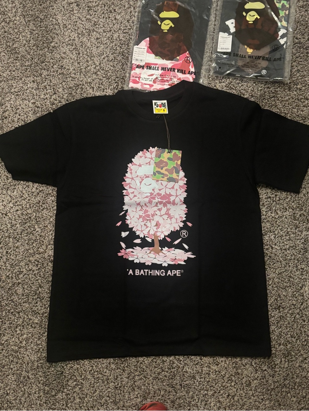 Bape Black Tee with Pink Cherry Blossom Ape Graphic